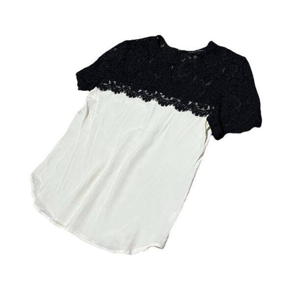 Karina Grimaldi Silk Lace Blouse Sz Small Ivory & Black Top Shirt Button Back - Picture 1 of 9
